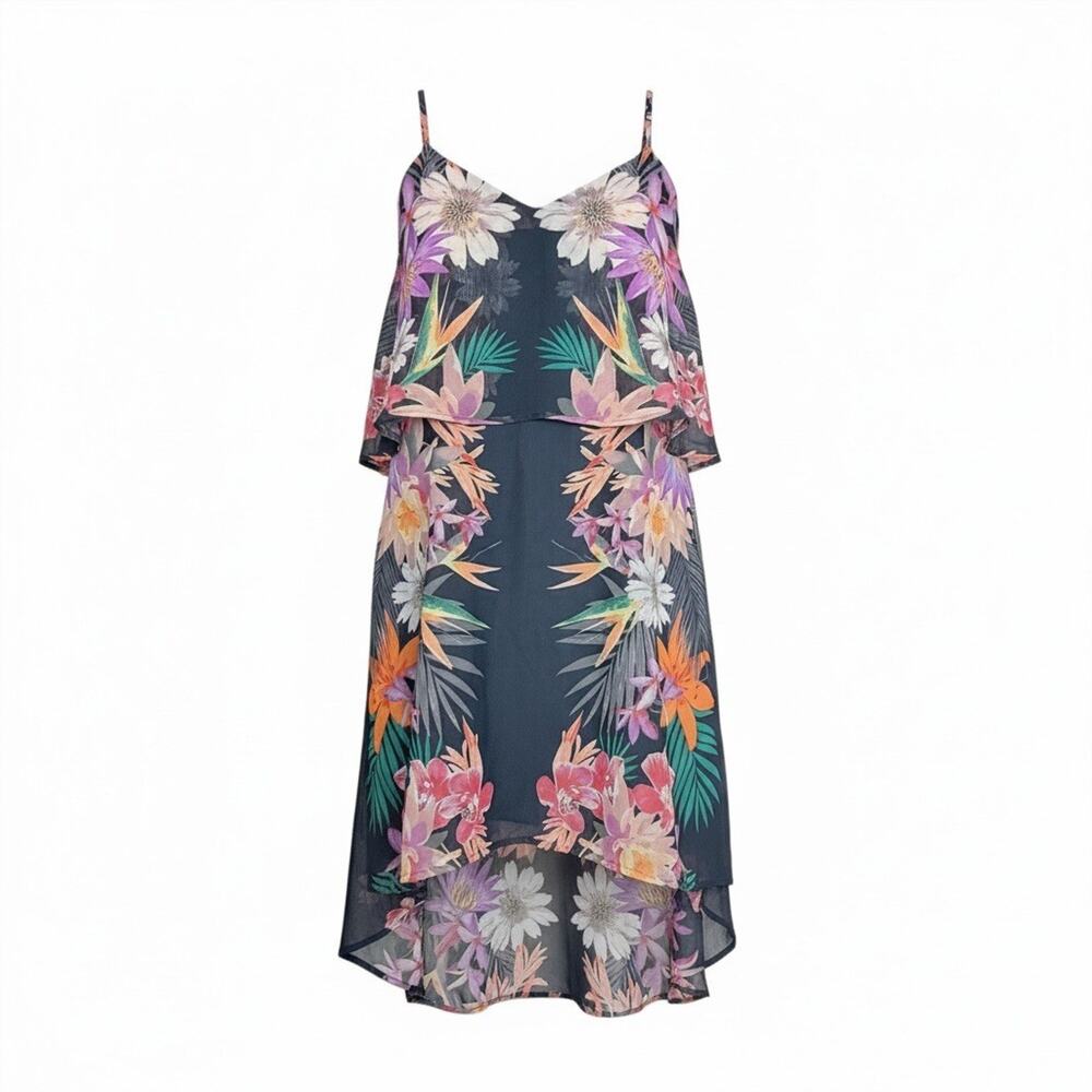 AQUA Tropical Floral Midi Dress Multicolor V-Neck Sleeveless Resort Boho Sz M